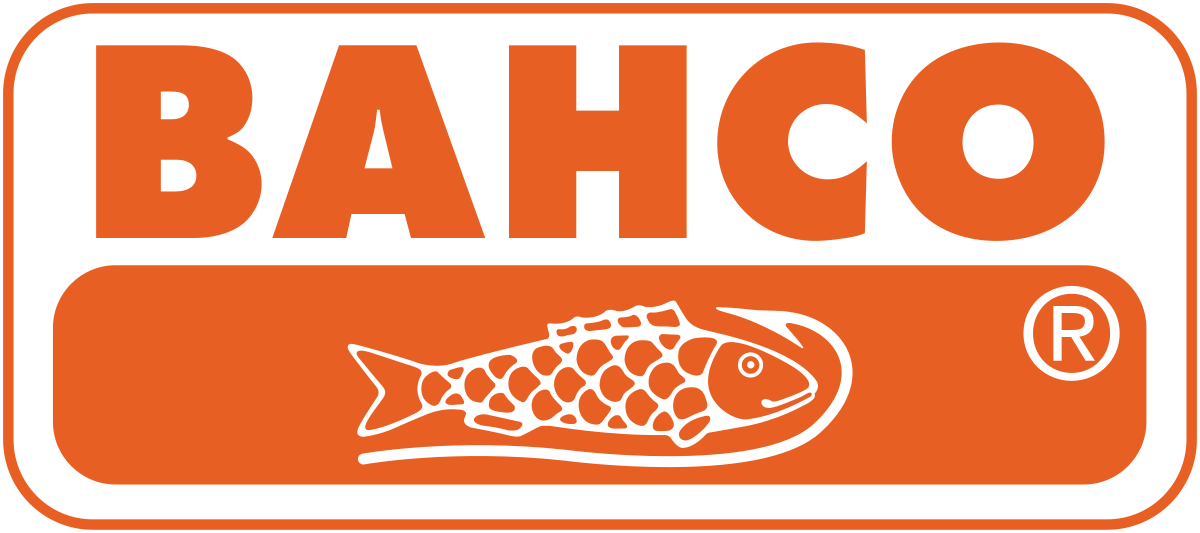 Logotipo de Bahco, una marca reconocida en herramientas y equipos de alta calidad, con un diseño que incluye un pez estilizado y colores naranja y blanco.